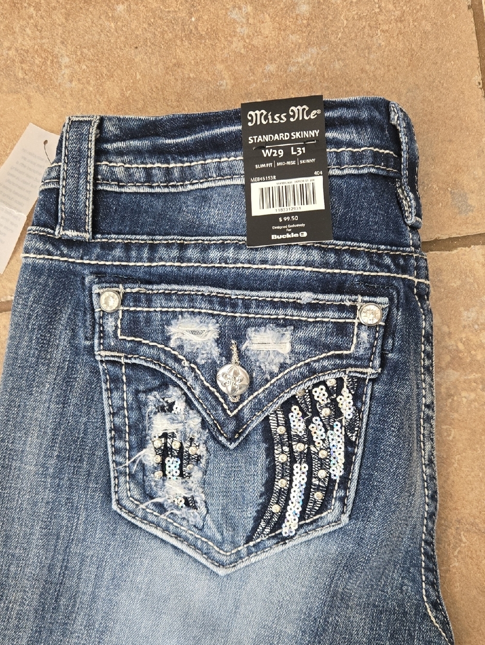 Miss Me Women's Skinny Jeans with Sequin Pocket - Dark Blue Wash